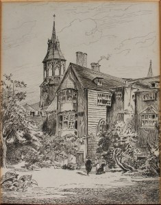 The Lodge, Queens' College pen & ink drawingH Toussaint 1880