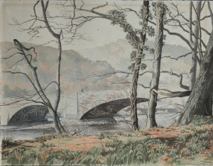 Daffodils at Duddon Bridge watercolour by T Leslie Hawkes 1974