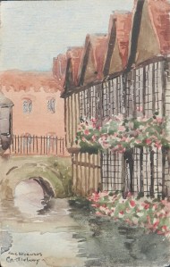 The Weavers, Canterbury postcard painted by Mrs. Hill 1949