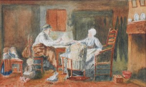 Lunch Around the Table 19th century English School watercolour