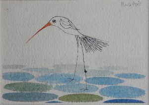 Wading Bird ink and watercolour by Claus Hoie @ 1980