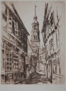 St Mary's Church from Kalandgasse etching by Fritz Botel @ 1920