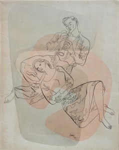 Piper with Reclining Woman drawing with wash by William Stobbs @ 1942