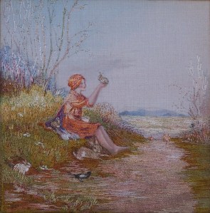 Child with Rabbits and Birds - needlework by unknown artist @ 19th century